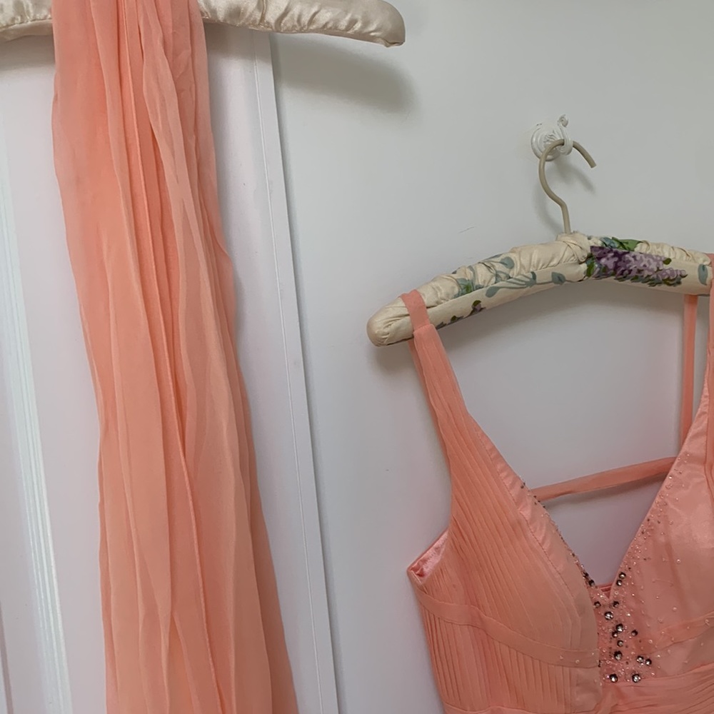 Vintage 100% silk peach chiffon dress. matching chiffon shawl M - Picture 3 of 16